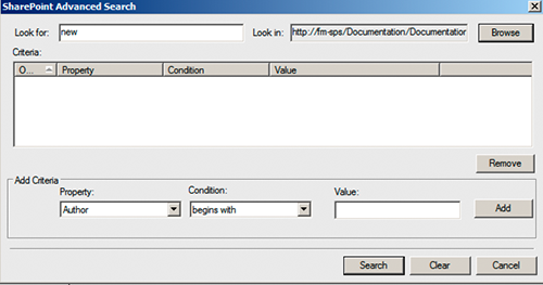 Fenster "Erweiterte Microsoft SharePoint-Suche"