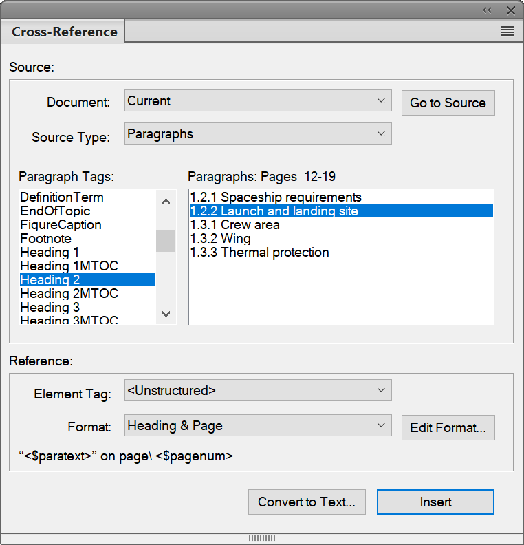Dialogfeld „Querverweis“ in Adobe FrameMaker
