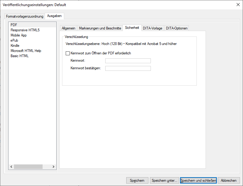 Sicherheitsregisterkarte im Dialogfeld „PDF-Ausgabeoptionen“