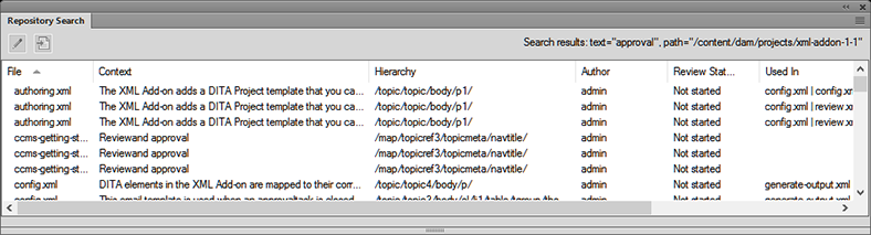 Im Fenster „Repository-Suche“ werden der Dateiname und Details zum Fundort des Suchbegriffs angegeben.