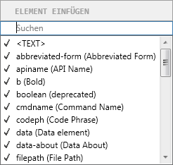 Das Smart-Katalog-Dialogfeld „Element einfügen“ in FrameMaker