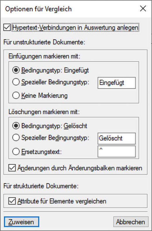 Dialogfeld „Vergleichsoptionen“ in Adobe FrameMaker