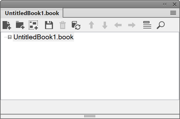 Der Screenshot zeigt das Buchfenster in Adobe FrameMaker. Das Buch wurde gerade erstellt und noch nicht gespeichert („UntitledBook1.book“).