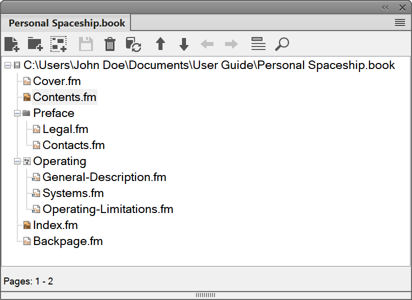 Screenshot eines Adobe FrameMaker-Buchs mit der Option „Dateinamen anzeigen“