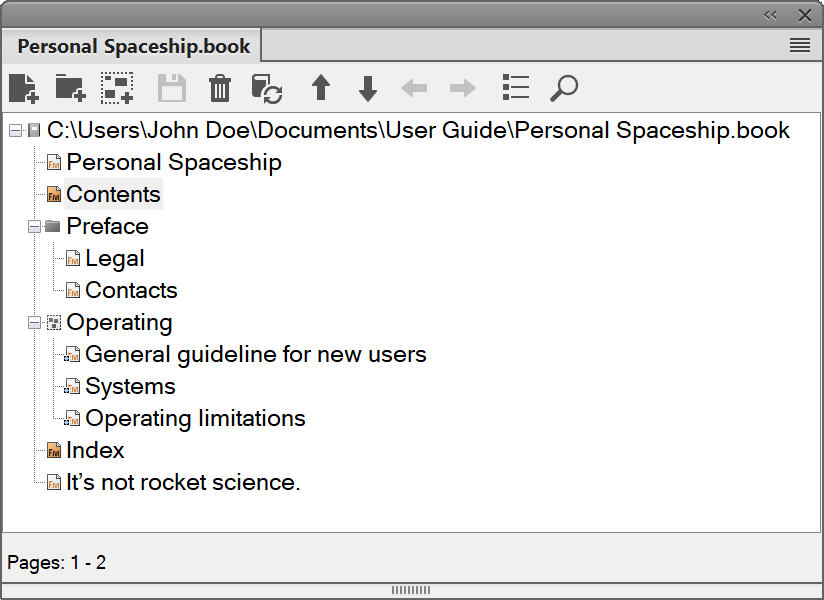Screenshot eines Adobe FrameMaker-Buchs mit der Option „Kopfzeilentext anzeigen“