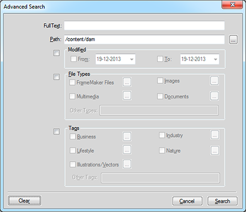 Adobe Experience Manager-Dialogfeld „Erweiterte Suche“ im Repositorymanager