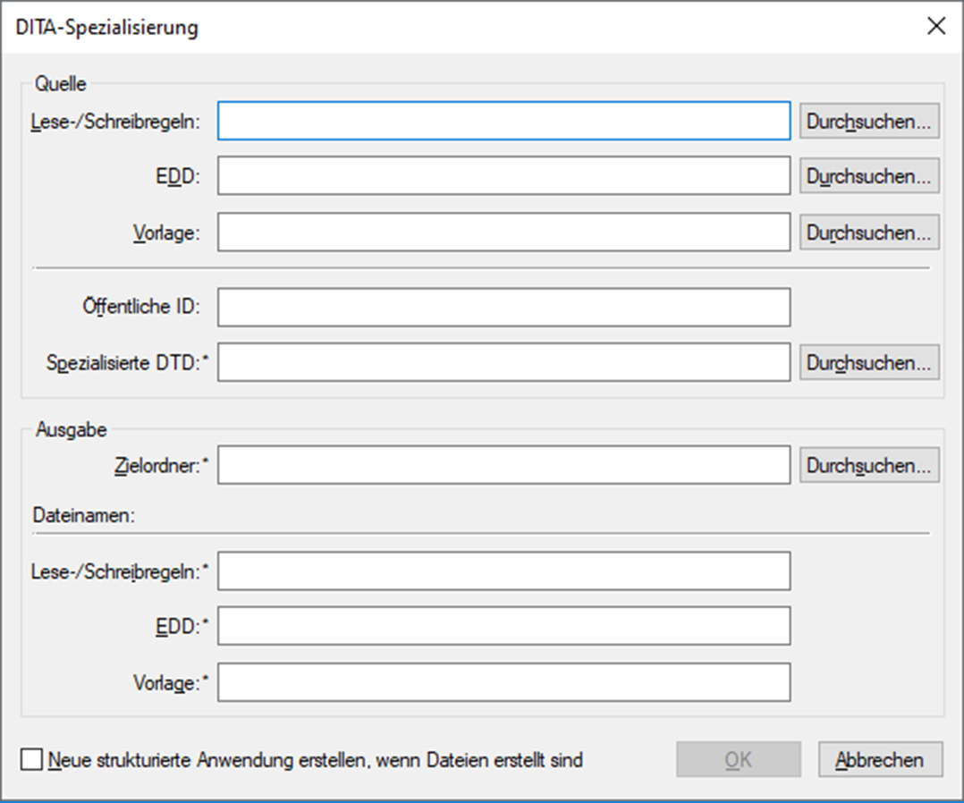 Verwenden des Dialogfelds „DITA-Spezialisierung“ für die automatische Konvertierung von Basisdateien in spezialisierte Dateien