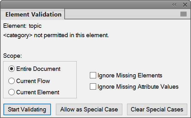 Der Screenshot zeigt das Dialogfeld „Element prüfen“ in Adobe FrameMaker.