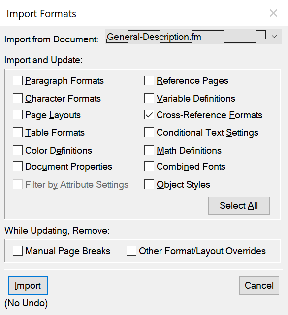 Dialogfeld „Formate importieren“ in Adobe FrameMaker nur mit ausgewählter Option „Querverweisformate“
