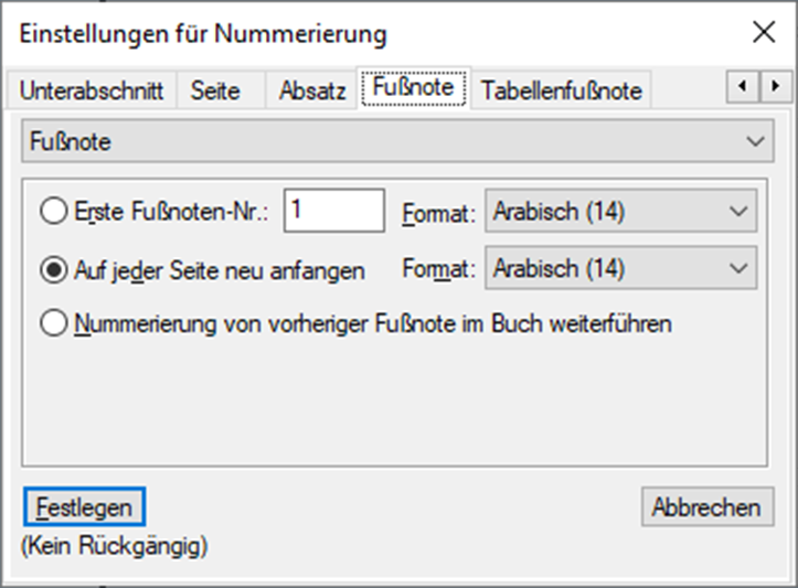 Dialogfeld „Eigenschaften für Nummerierung“ in Adobe FrameMaker