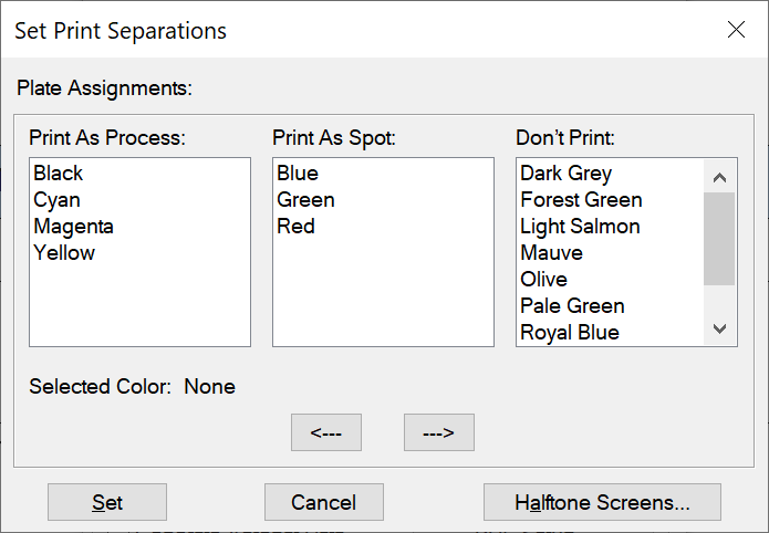 Der Screenshot zeigt das Dialogfeld „Druckeinstellungen für Farbauszüge“ in Adobe FrameMaker.