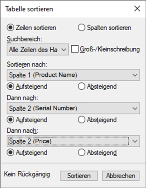 Dialogfeld „Tabelle sortieren“ in Adobe FrameMaker