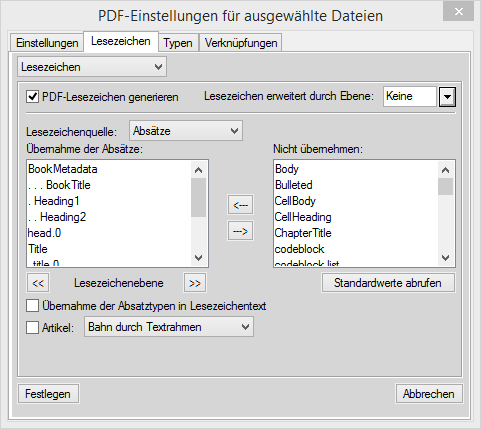 Anpassen von PDF-Lesezeichen auf der Registerkarte „Lesezeichen“ des Dialogfelds „PDF-Einstellungen“