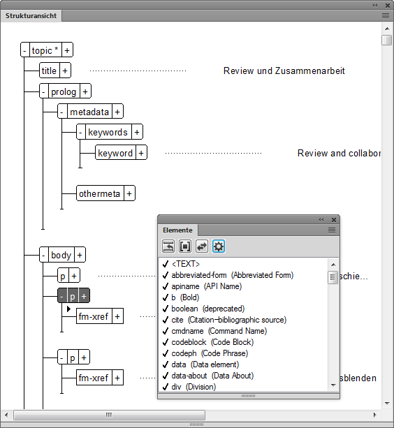 Strukturansicht und Elementkatalog mit einem gültigen Zeilenelement im Elementkatalog von Adobe FrameMaker