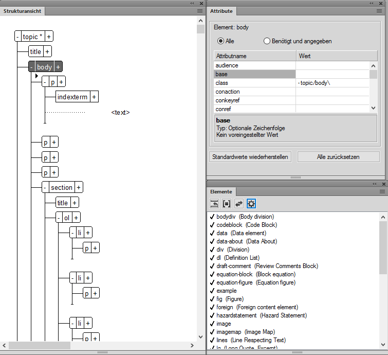 Die Fenster „Strukturansicht“, „Elemente“ und „Attribute“ auf der Benutzeroberfläche für das strukturierte Authoring in FrameMaker