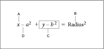 Mathematische Elemente in einer Gleichung mit alphanumerischem Zeichen, Textzeichenfolge, Ausdruck und Operator