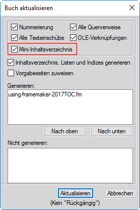 Aktualisieren eines Mini-Inhaltsverzeichnisses im Dialogfeld „Buch aktualisieren“ in FrameMaker