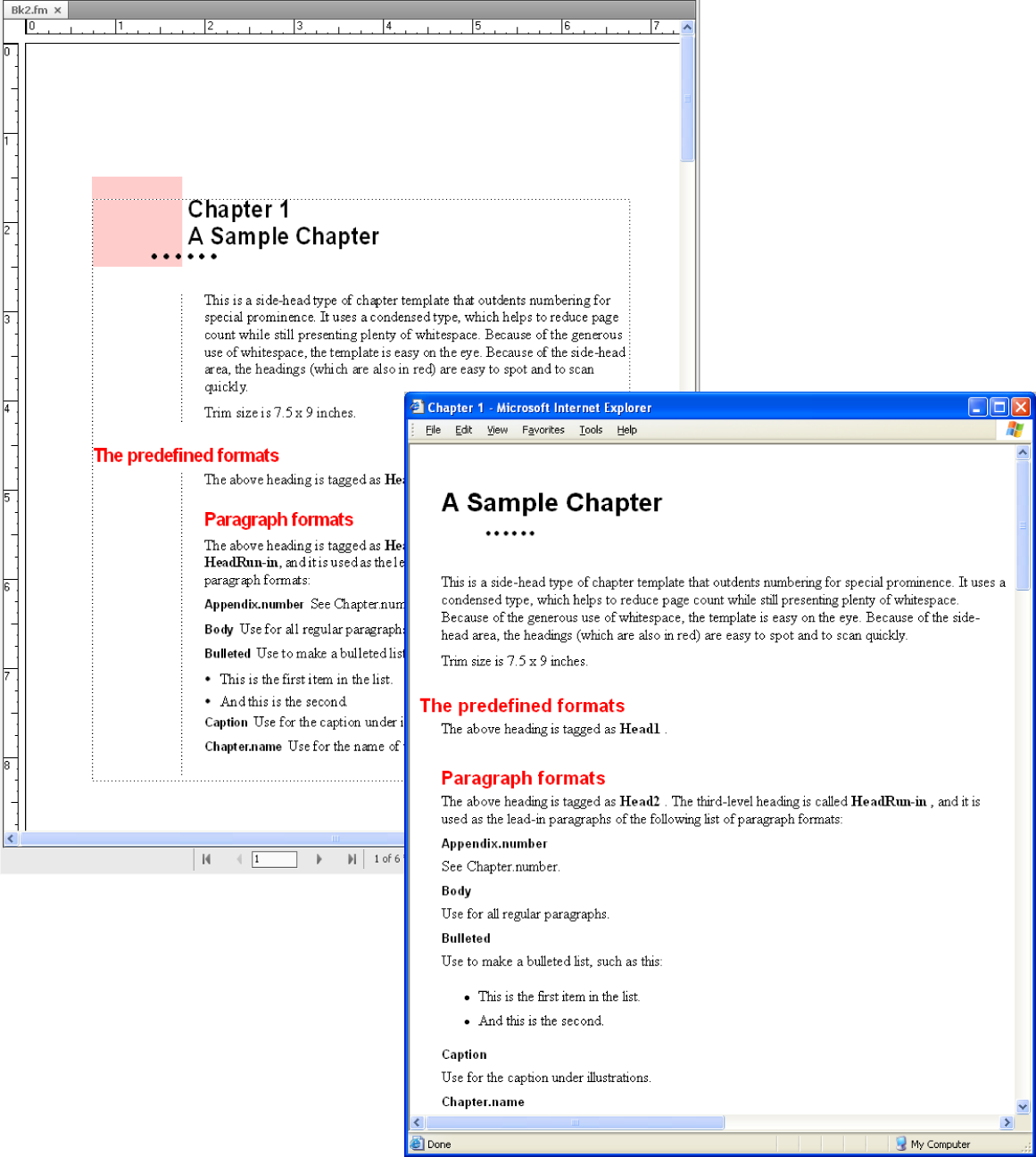 Beispiel aus einer der mitgelieferten FrameMaker-Kapitelvorlagen vor und nach der Konvertierung in HTML.