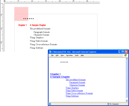 FrameMaker-Dokument und das simulierte Inhaltsverzeichnis für die Unterdokumente