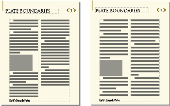 Vor und nach dem Höhenausgleich von Text bis zum Ende von Textrahmen