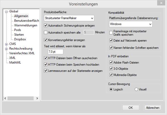 Dialogfeld „FrameMaker-Voreinstellungen“