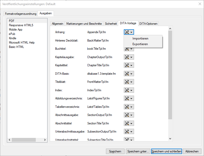 Dialogfeld „DITA-TemplatetabinPDFOutput-Optionen“ von Adobe FrameMaker