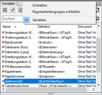 Schließen von Fenstern und Registerkartengruppen in FrameMaker