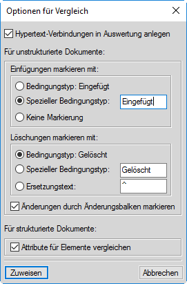 Dialogfeld „Vergleichsoptionen“ in Adobe FrameMaker