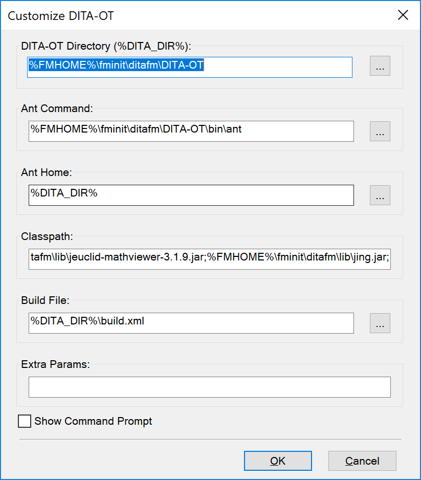 Dialogfeld „DITA-OT anpassen“ in FrameMaker