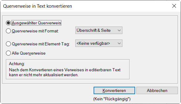 Dialogfeld „Querverweis in Text konvertieren“ in Adobe FrameMaker