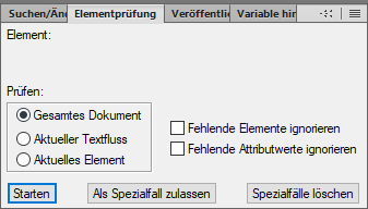 Der Screenshot zeigt das Dialogfeld „Element prüfen“ in Adobe FrameMaker.