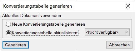 Dialogfeld „Konvertierungstabelle generieren“