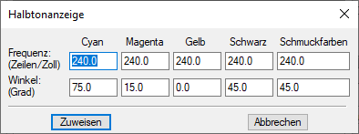 Der Screenshot zeigt das Dialogfeld „Halbtonanzeige“ in Adobe FrameMaker.