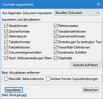 Dialogfeld „Formate importieren“ in Adobe FrameMaker nur mit ausgewählter Option „Querverweisformate“