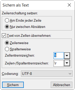FrameMaker-Dialogfeld „Sichern als Text“
