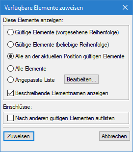 Dialogfeld „Verfügbare Elemente zuweisen“