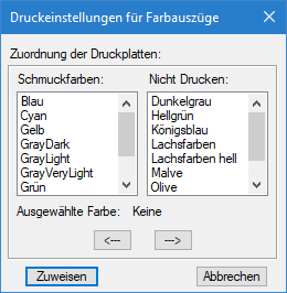 Der Screenshot zeigt das Dialogfeld „Druckeinstellungen für Farbauszüge“ in Adobe FrameMaker.