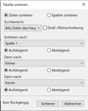 Dialogfeld „Tabelle sortieren“ in Adobe FrameMaker