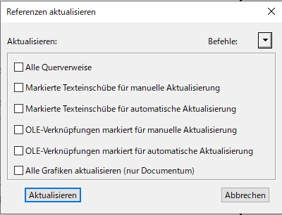 Dialogfeld „Referenzen aktualisieren“ in Adobe FrameMaker