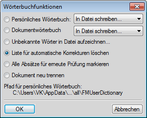 Dialogfeld „Wörterbuchfunktionen“ in FrameMaker