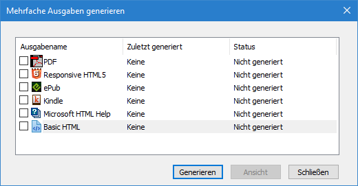 Dialogfeld „Mehrfache Ausgaben generieren“ mit den in Adobe FrameMaker verfügbaren Ausgabeformaten