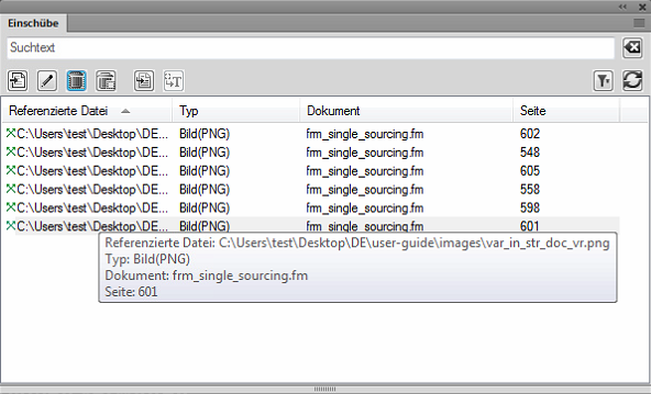 Einfügen von Inhalten aus einer externen Quelle in ein FrameMaker-Dokument mit Insets-Bedienfeld