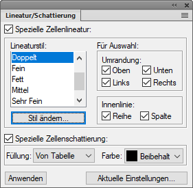 Fenster für benutzerdefinierte Lineatur und Schattierung in Adobe FrameMaker