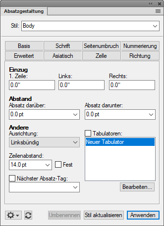 Erstellen und Verwalten von Absatzstilen mithilfe der Absatzgestaltung in Adobe FrameMaker