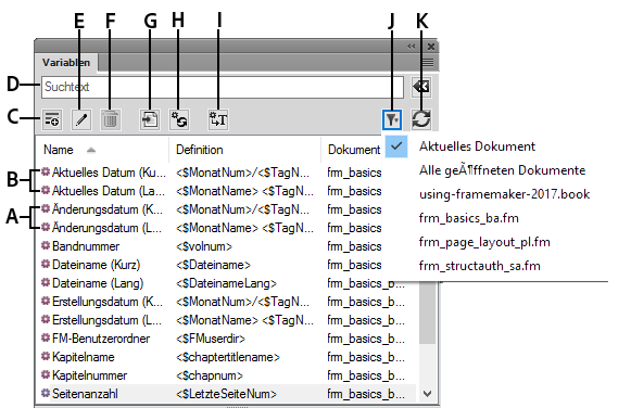 Variablespanel in FrameMaker