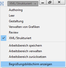 Zugriff auf den FrameMaker-Begrüßungsbildschirm im Menü „Arbeitsbereich“
