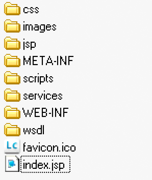 The root level showing all folders and files extracted from the contentservices.war file: css, images, jsp, META-INF, scripts, services, WEB-INF, and wsdl folders.