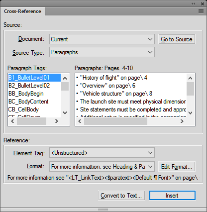 Inserting cross referenceusingtheCross-References dialog