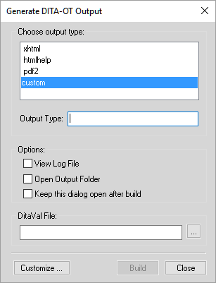 Generate DITA-OT Output dialog in FrameMaker