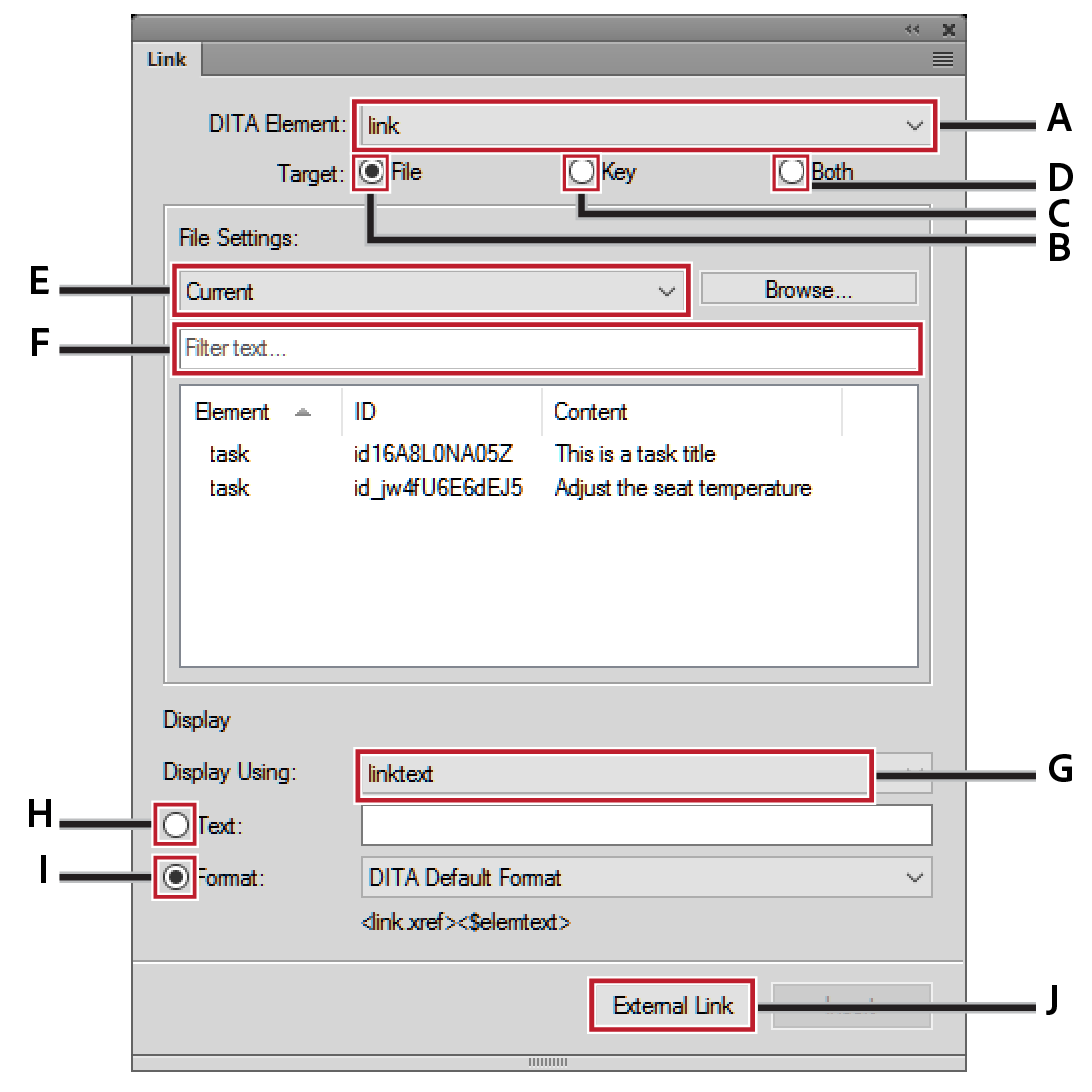Using the DITA Link dialog to insert direct and indirectlinktoDITA content